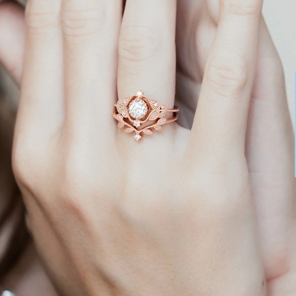 Michellia 14K rose gold + Australian fire opal floral ring set - Picture 2 of 9